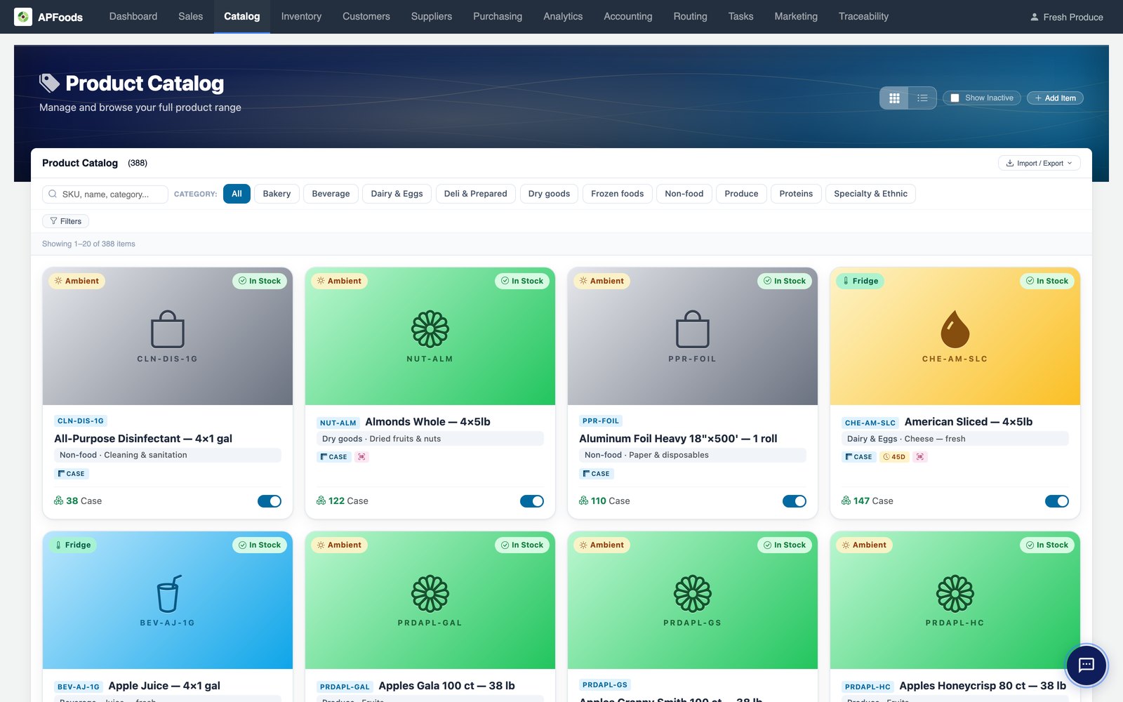 The product catalog with items, categories and pack sizes