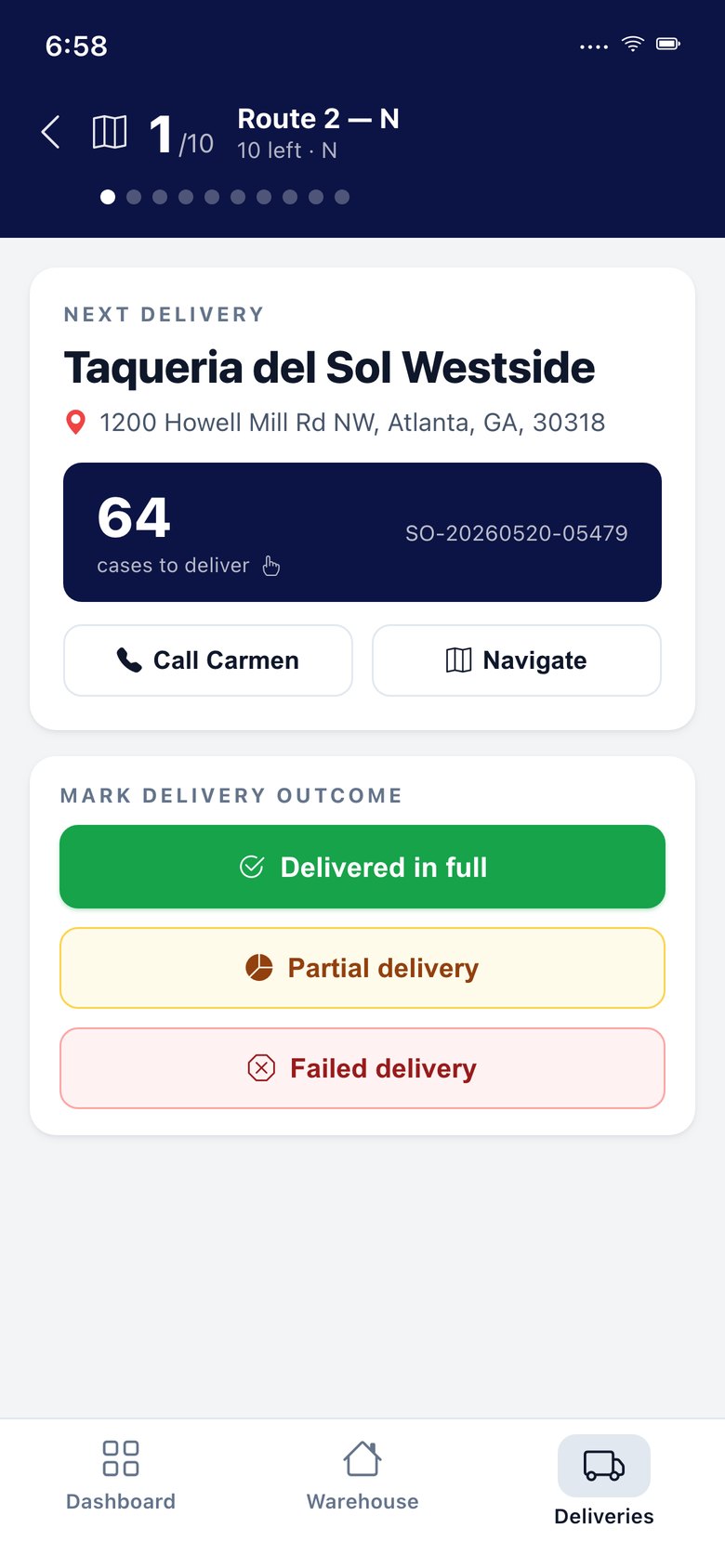 Driver app recording a delivered stop