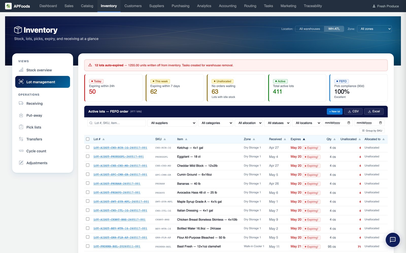 Lots with supplier, dates and status, the starting point of every trace